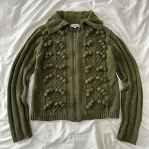 Carducci Olive Green Knit Pom Pom Zip Up Collared Cardigan Sweater M